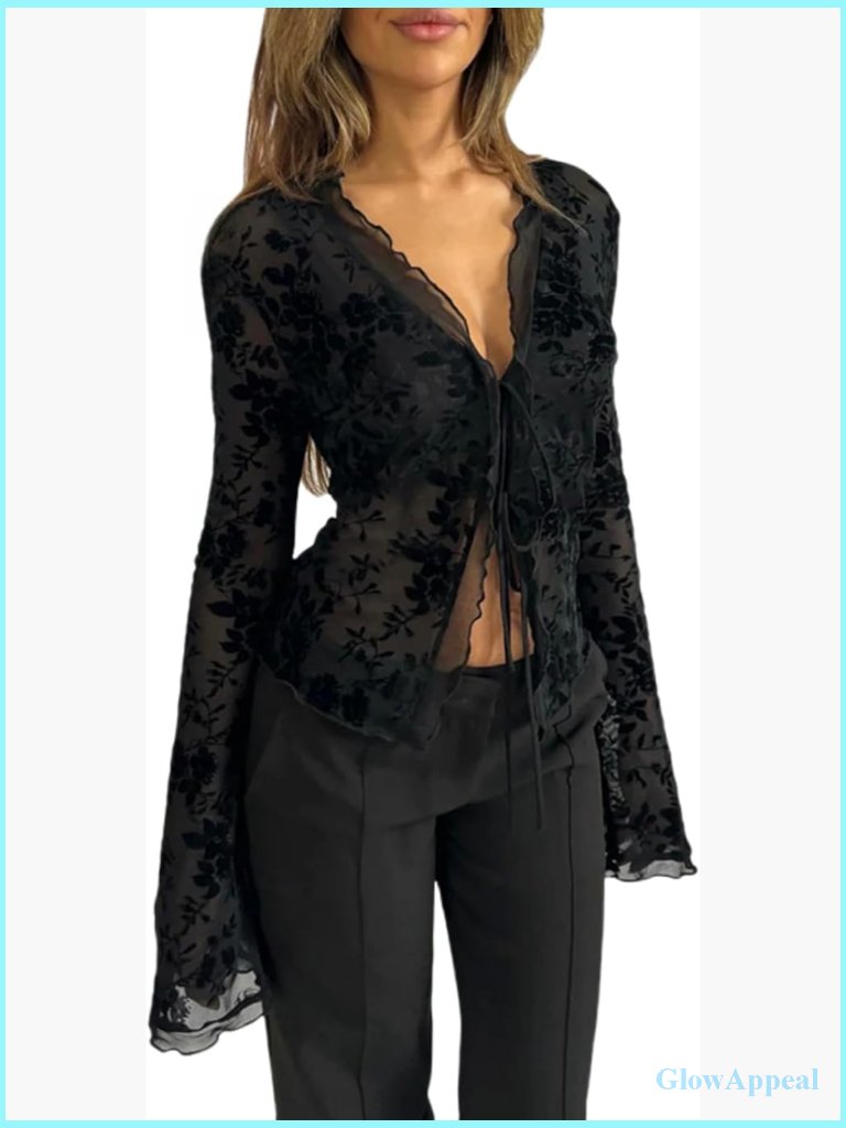 Sheer Mesh Leopard Print Crop Top Deep V Neck Long Flare Sleeve Tee Blouse